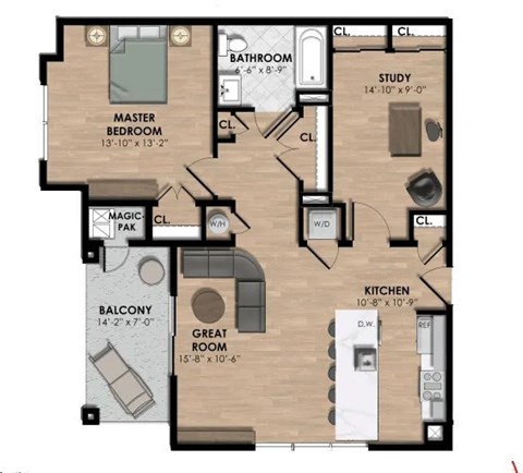 One bedroom one bath apartment with den and balcony